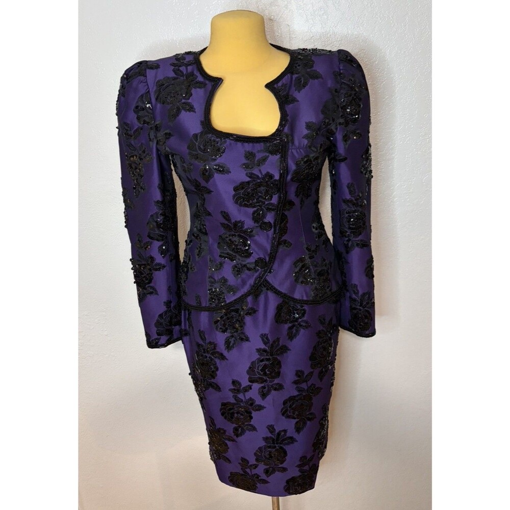 D'ore Della ROUFOGALI Purple Sequin Beaded Skirt Set Suit Party Vintage 80s Sz 4